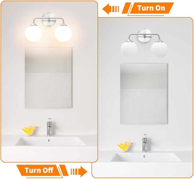 Modern Brushed Nickel 2-Lights Bathroom Vanity Lights, Bathroom Lighting Fixtures Over Mirror with Milk White Globe Glass Shade, Elagant Wall Sconces for Dressing Table Bedroom Living Room