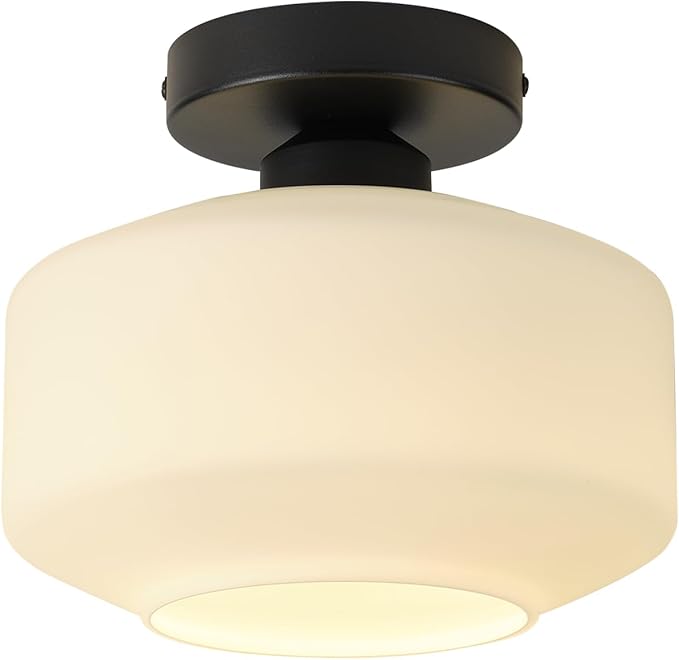 TeHenoo Milk White Glass Ceiling Light Fixture,8.6 inch, Matte Black Base,Modern Semi Flush Mount Light for Hallway, Entryway,Kitchen