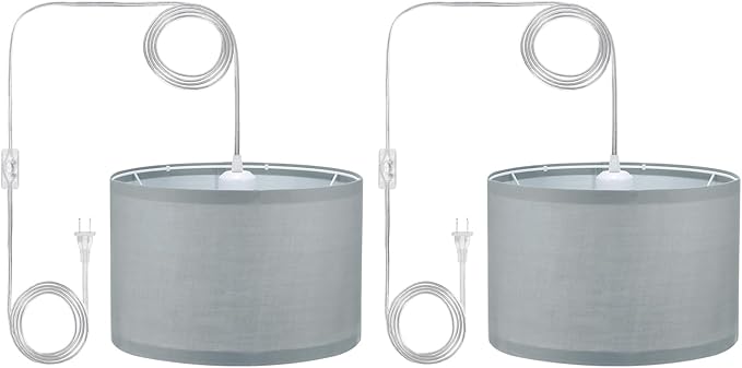 PATIKIL Plug in Pendant Light, 2 Pack 15Ft Rope Cord Hanging Lamp Fixture with ON/Off Switch, Linen Fabric Shade E26/E27 Bulb Socket for Bedroom Kitchen Living Room, Light Gray