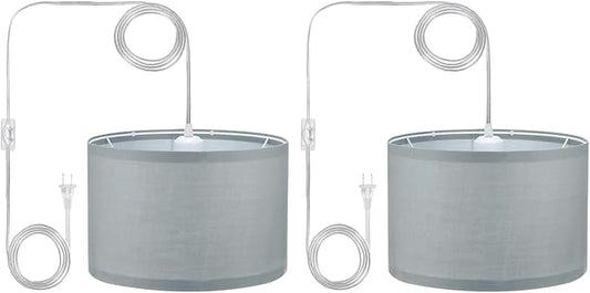 PATIKIL Plug in Pendant Light, 2 Pack 15Ft Rope Cord Hanging Lamp Fixture with ON/Off Switch, Linen Fabric Shade E26/E27 Bulb Socket for Bedroom Kitchen Living Room, Light Gray