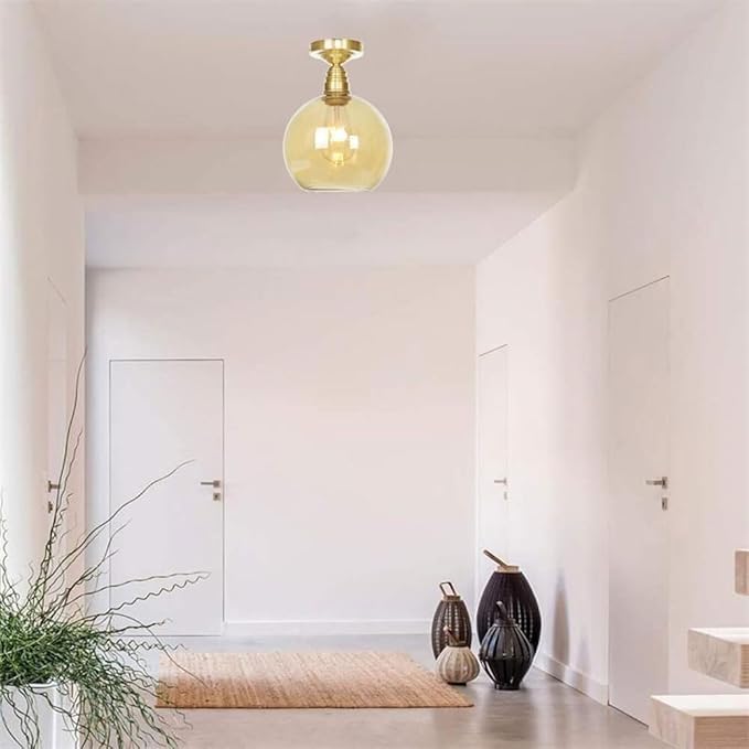 Modern Brass Semi-Flush Mount Ceiling Light, 1-Light Glass Shade Ceiling Lighting, Minimalist Home Kitchen Close to Ceiling Lamp，Nordic Bedroom Entryway Ceiling Light Fixture(Cognac,20CM)