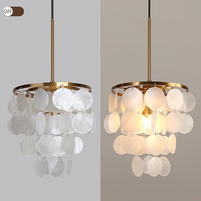 14.76ft Shells Pendant Light Fixture, 1-Light Plug in Capiz Shell Pendant Light with ON/Off Switch for Kitchen Island, Dining Room, Bedroom Room, Coastal House, Brass