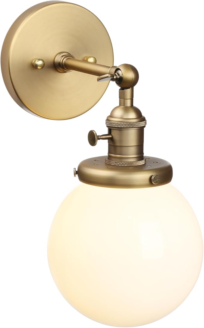 Pathson Hardwired Wall Sconce with White Globe, Brass Bathroom Vanity Light with On Off Switch, Vintage Wall Light Fixtures for Living Room Loft Hallway