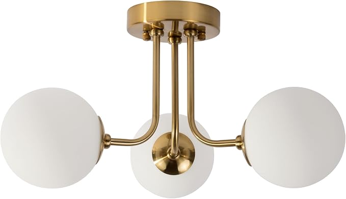 Modern Semi Flush Mount Ceiling Light 3-Light,Globe White Glass Shade Semi Flush Mount Ceiling Light, Sputnik Chandeliers for Bedroom Hallway Dining Room Lighting Fixture