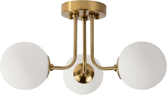 Modern Semi Flush Mount Ceiling Light 3-Light,Globe White Glass Shade Semi Flush Mount Ceiling Light, Sputnik Chandeliers for Bedroom Hallway Dining Room Lighting Fixture