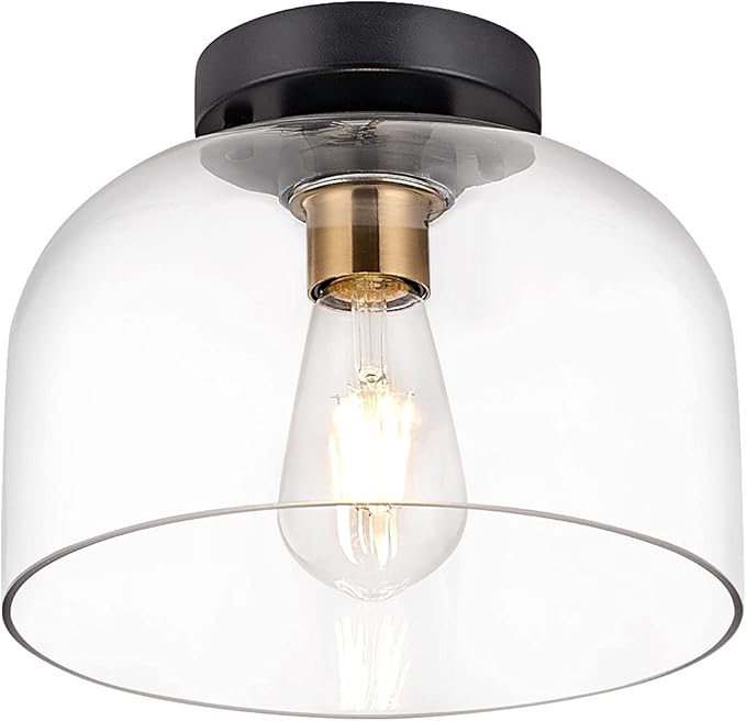 Farmhouse Flush Mount Light, 9.84 inches Clear Glass,Brush Gold Socket,Matte Black Ceiling Light Fixture for Hallway, Entryway, Laundry Room