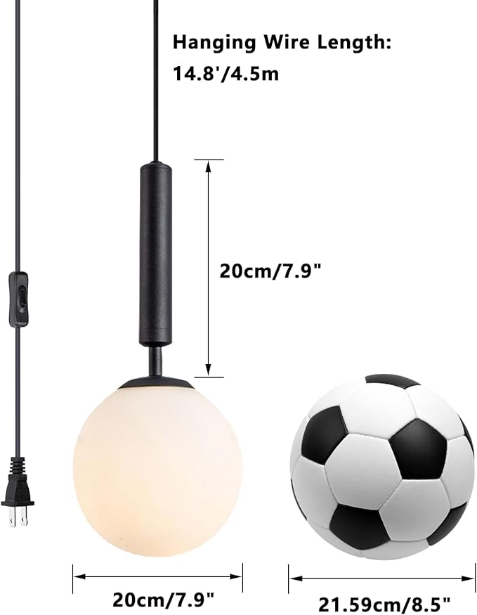 KCO Lighting Modern White Glass Globe Pendant Light Nordic Plug-in Hanging Light Fixture with Adjustable Wire Postmodern Geometric Ball Chandelier for Kitchen Island Dining Room (Black)