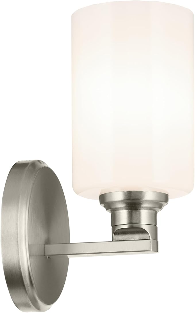 Kichler Gioe 5" 1-Light Wall Sconce with Opal Glass in Brushed Nickel, Damp Rated, for Powder Room, Bathroom, Kitchen, Hallway, Bedroom, Fireplace, (5" W x 9.5" H), 55224NI