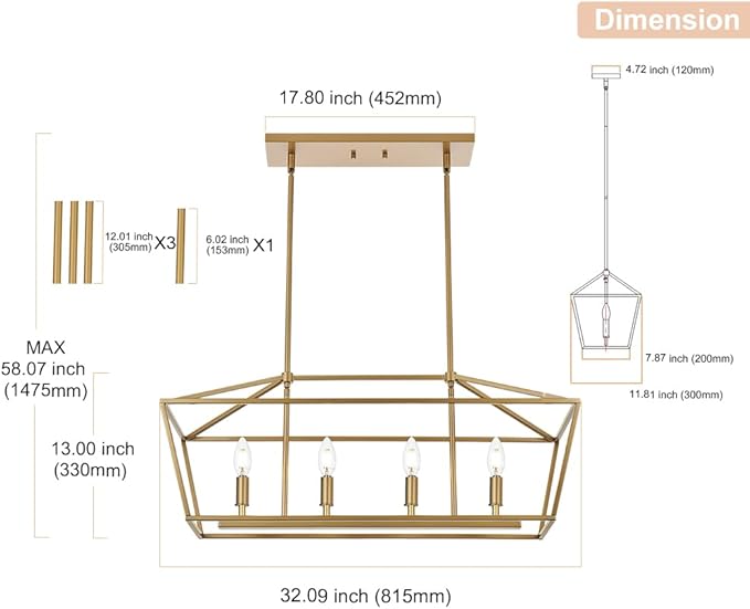 4-Lights Golden Pendant Light Fixtures, Modern Lantern Linear Chandelier with Adjustable Height, Dining Room Ceiling Lighting Hanging for Over Table