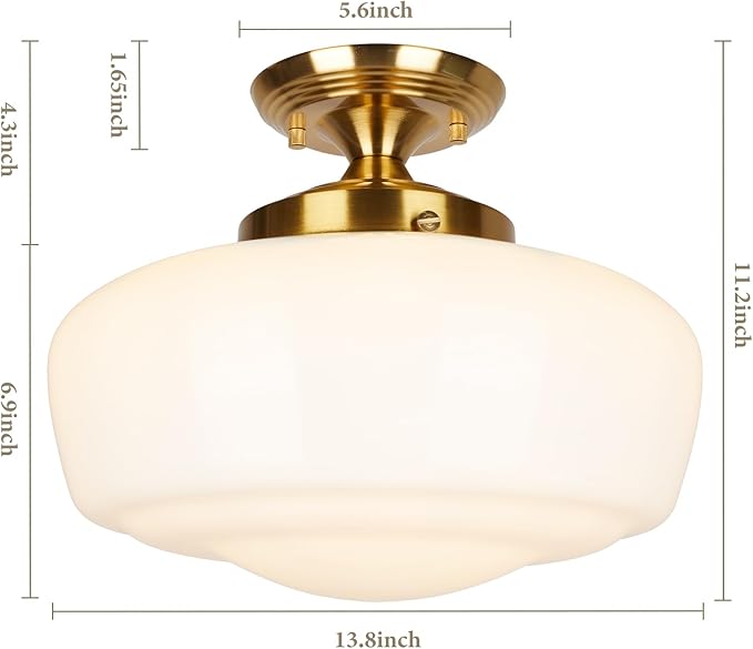 Large Schoolhouse Style Semi Flush Mount Ceiling Light Fixture, 14" Modern Gold Hallway Ceiling Lamp with Opal Milk Glass Shade Brass, Farmhouse Globe Light for Bedroom Kitchen Hallway Entryway