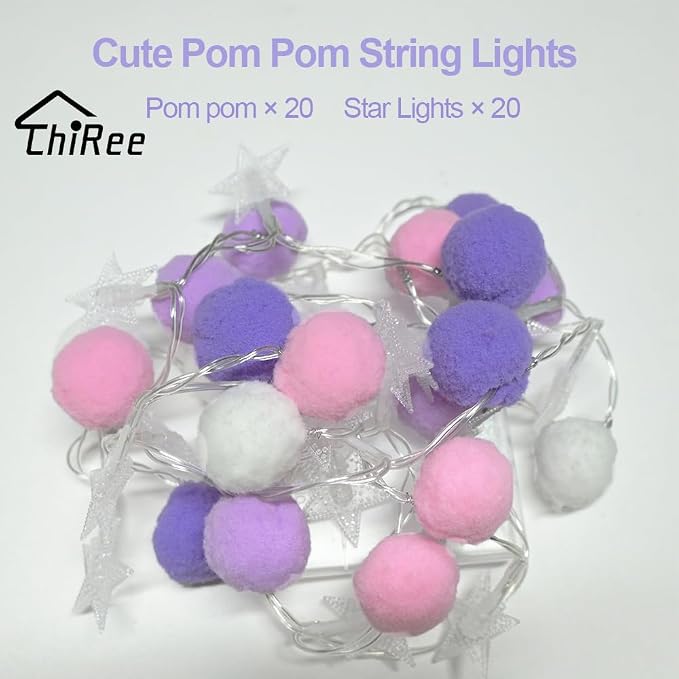 ChiRee Indoor String Lights 6.56 Feet Pom Poms Star Lights 20 LED Battery Operated String Fairy Lights Warm White Star Lights Colorful Decor Lights for Home Bedroom Kids Playhouse Holiday Christmas