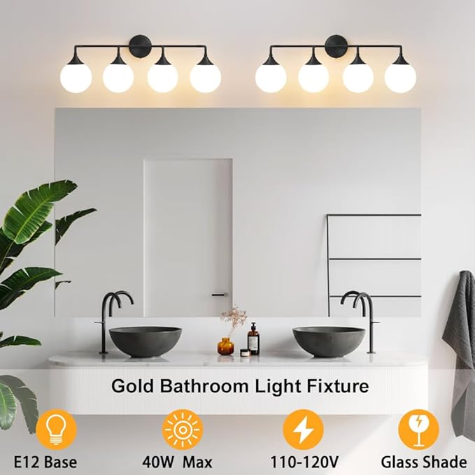 Black Bathroom Light Fixtures, Modern Vanity Lighting Over Mirror, Mid Century Brushed Brass Wall Sconce 4-Light with Milky White Glass Ball Shades