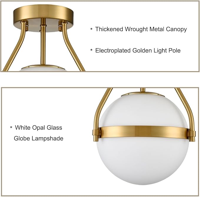 HOLKIRT Modern Light Fixture,Mid Century Semi Flush Mount Ceiling Light,Kitchen Light Fixtures Hallway Light Fixtures Ceiling,Brass Globe Ceiling Light Bedroom with Opal Glass 7Inch/18CM