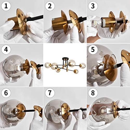SZXYKEJI6-Lights Glass Globe Sputnik Chandelier Modern Flush Mount Ceiling Light Fixture Farmhouse Lighting for Dining Room Living Room Bedroom Kitchen Passageway(Balck and Gold)