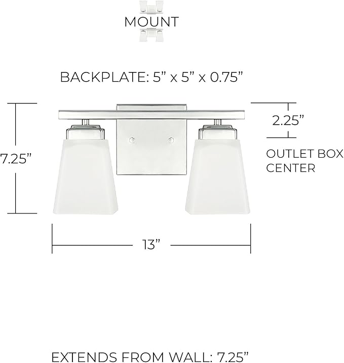 HomePlace Lighting 114421PN-334 Baxley Modern Soft White Glass Bathroom Vanity Wall Light, 2-Light 200 Total Watts, 7" H x 13" W, Polished Nickel