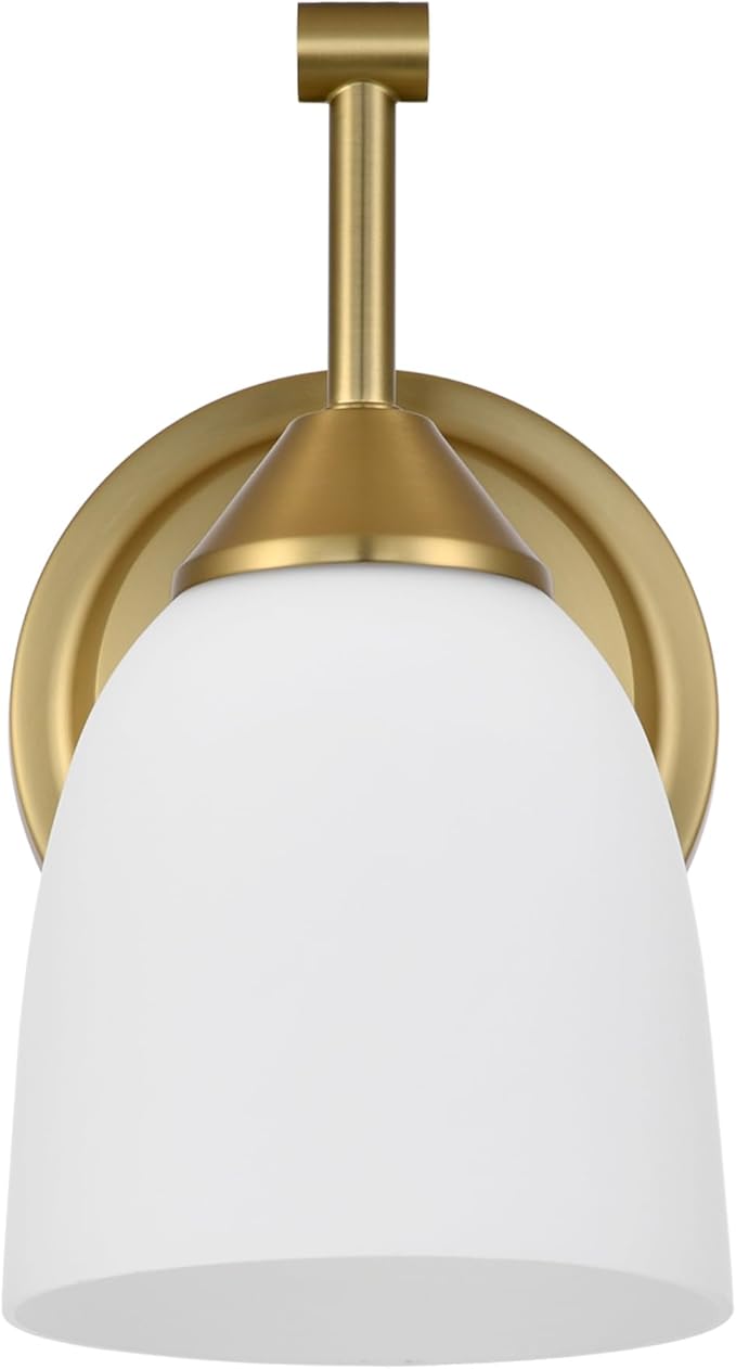 Traditional 1-Light Indoor Gold Wall Sconce with Frosted Glass Bathroom Bedroom Hallway, 9.6" H x 5.5" W, Aged Brass