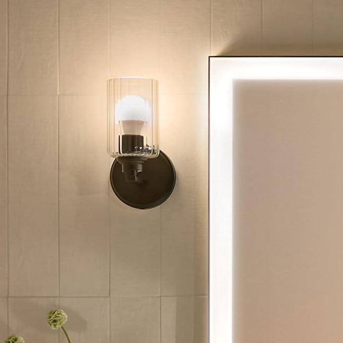 Kichler Gioe 5" 1-Light Wall Sconce Bathroom Light Fixture with Clear Fluted Glass in Black, Damp Rated for Powder Room, Kitchen, Hallway, Bedroom (5" W x 9.5" H), 55224BKFLU