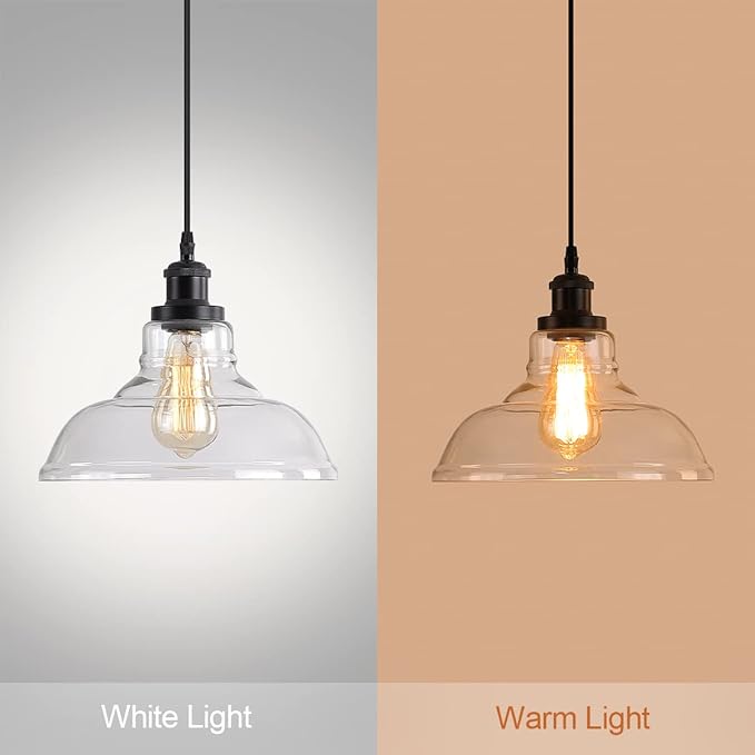 GLADFRESIT Industrial Pendant Lights, Vintage Hanging Light Over Table, Clear Dome Glass Lampshade, Black Lamp Head and Base, Adjustable Hanging Height Lighting Fixtures