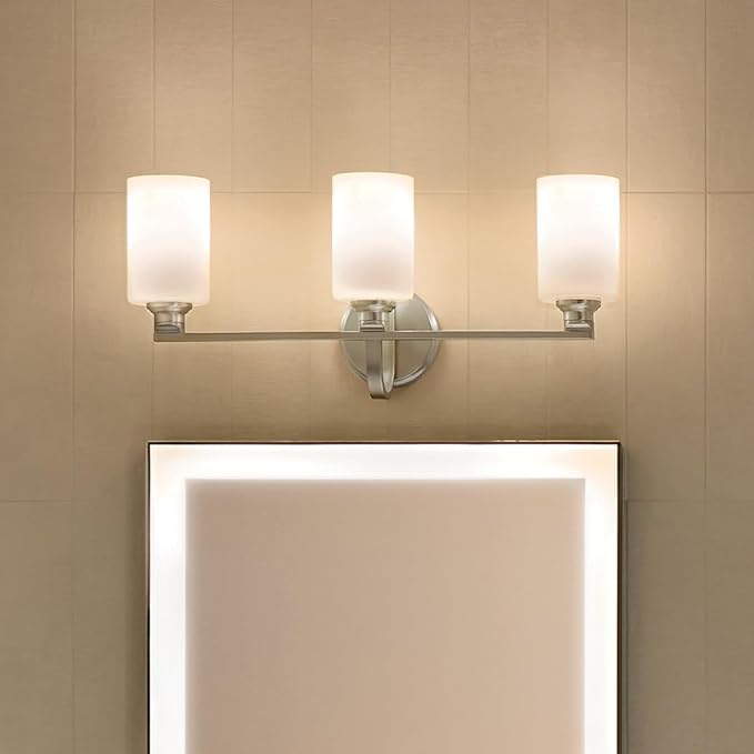 Kichler Gioe 24.25 in 3-Light Bathroom Vanity Light Fixture with Opal Glass in Brushed Nickel, Damp Rated Modern Wall Mount for Mirror, Powder Room (24.25 in W x 10.5 in H), 55226NI