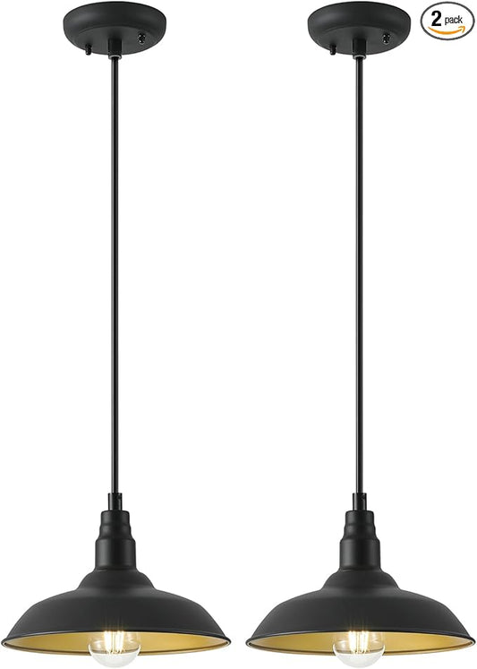 10in Dome Farmhouse Pendant Lights Black and Brass Kitchen Island Hanging Light Fixture for House, Outdoor Barn Pendant Ceiling Lighting for Dinning Room, Entryway, Deck, Adjustable Length