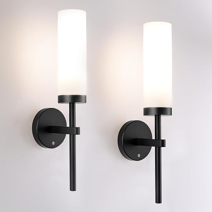 Shenmoyl Battery Operated Wall Sconces Set of 2, Black Rechargeable Wall Lighting Fixtures, Dimmable Wall Lights with Remote & Opal Glass Shade for Living Room, Bathroom,Bedroom