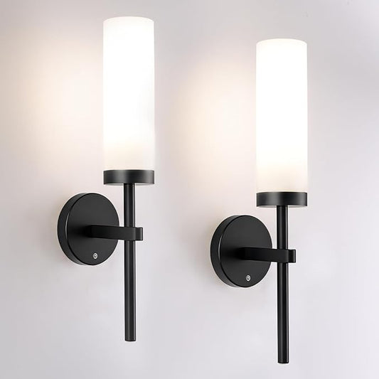 Shenmoyl Battery Operated Wall Sconces Set of 2, Black Rechargeable Wall Lighting Fixtures, Dimmable Wall Lights with Remote & Opal Glass Shade for Living Room, Bathroom,Bedroom