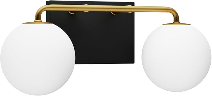 Tipace 2 Lights Mid Century Vintage Bathroom Vanity Light Fixtures Over Mirror Black Gold Industrial Vanity Lights with Milk White Glass Globe Farmhouse Bath Lighting(Exclude Bulb)