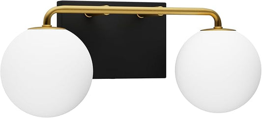 Tipace 2 Lights Mid Century Vintage Bathroom Vanity Light Fixtures Over Mirror Black Gold Industrial Vanity Lights with Milk White Glass Globe Farmhouse Bath Lighting(Exclude Bulb)