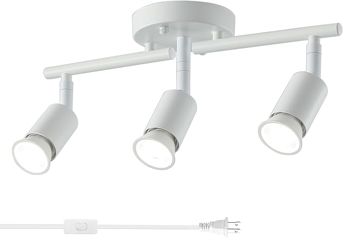 3 Light White Plug in Track Light White Plug in Ceiling Lighting Fixture with 16.4' Long Cord,3 Way Ceiling Spotlight,Rotatable Wall Mount Light Head
