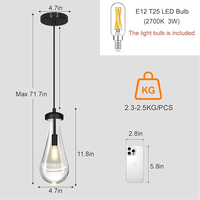 Raindrop Pendant Light Set of 2, Black 4.7-inch Clear Glass Teardrop Chandelier for Kitchen Island, Modern Pendant Lighting for Dining Room, Bedroom, Hallway, Adjustable Hanging Cord, Included Bulb