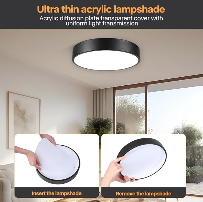 13inch Black Minimalist LED Flush Mount Ceiling Light, Black Matted Fixture, Dimmable Ceiling Lamp with Acrylic Pieces Shade, 26W, 3000K, ETL Listed for Entryway, Bathroom, Bedroom