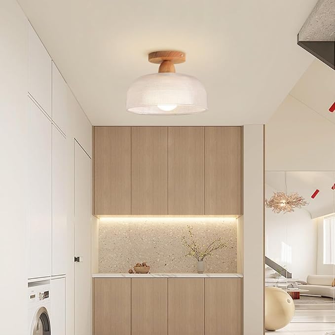 Schoolhouse Light Fixture Wood Ceiling Lamp, Semi Flush Mount Ceiling Light, 12'' Base, Balcony Solid Wood Hanging Light Farmhouse Bedroom Kitchen Hallway Glass Close to Ceiling Lights (B)