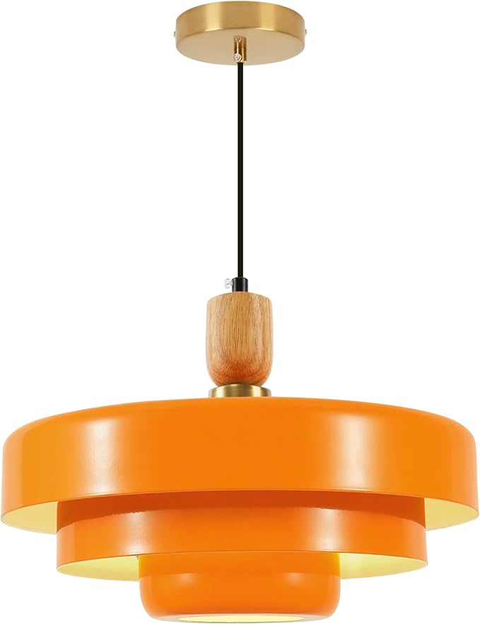 Orange Pendant Light with Wooden Dome, 3-Layer Metal Shade Mid Century Chandelier, Minimalist Industrial Hanging Light for Dining Room, Farmhouse Sink, Office