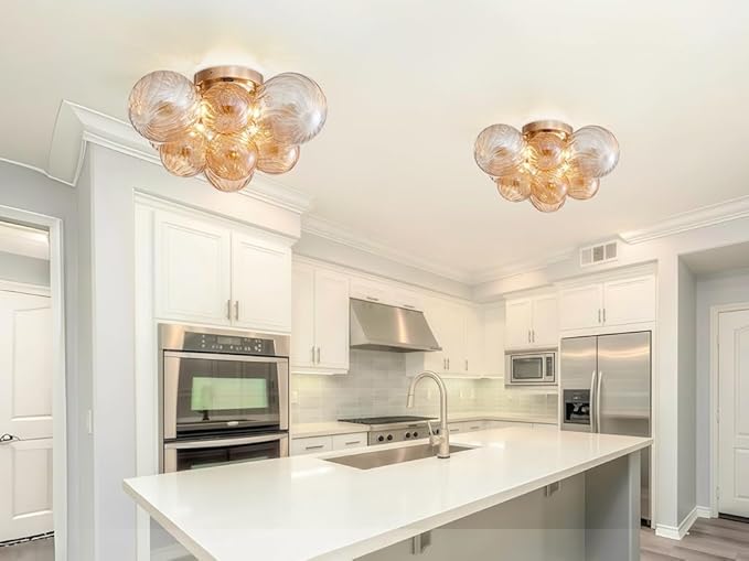 AGV LIGHTING Modern Bubble Glass Flush Mount Ceiling Light Fixture, Gold 4-Light Ceiling Chandelier with Amber Textured Glass Globe Shades, 18” Living Room Bedroom Dining Room Lighting