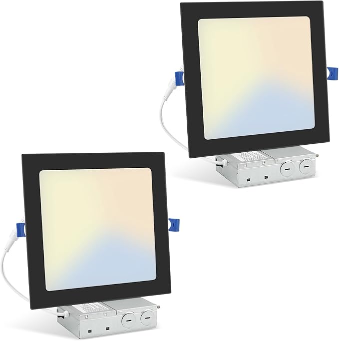HONZIN 2 Pack 8 Inch Square LED Recessed Lighting, Ultra-Thin Canless Ceiling Light, 5CCT Selectable 2700K/3000K/3500K/4000K/5000K, 20W Dimmable, IC Rated with Junction Box, Black Trim