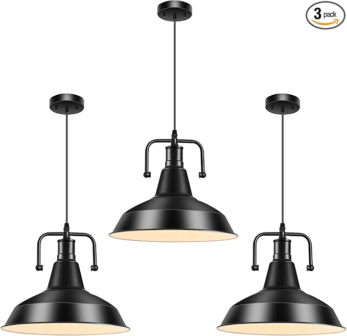 3PCS Farmhouse Pendant Light for Kitchen Island, Black Pendant Lights Fixtures with Metal Shade, Industrial Barn Hanging Lights for Hallway, Kitchen, Sink, Dining Room, Living Room（Bulb not Included）