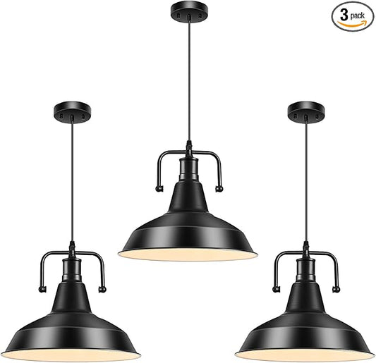 3PCS Farmhouse Pendant Light for Kitchen Island, Black Pendant Lights Fixtures with Metal Shade, Industrial Barn Hanging Lights for Hallway, Kitchen, Sink, Dining Room, Living Room（Bulb not Included）