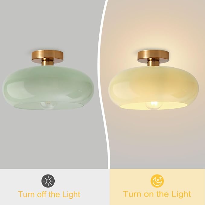Mid Century Ceiling Light Fixture - Milk Glass Shade, Gold Modern Flush Mount Lamp for Hallway, Dining Room, Kitchen
