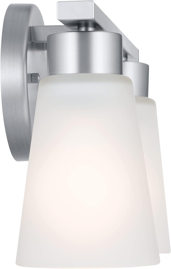 Kichler Stamos 2-Light Bathroom Vanity Light Fixture with Satin Etched Glass Shades, Modern Wall Mount in Brushed Nickel for Mirror Lighting (13 x 8 x 5 in), 45887NI
