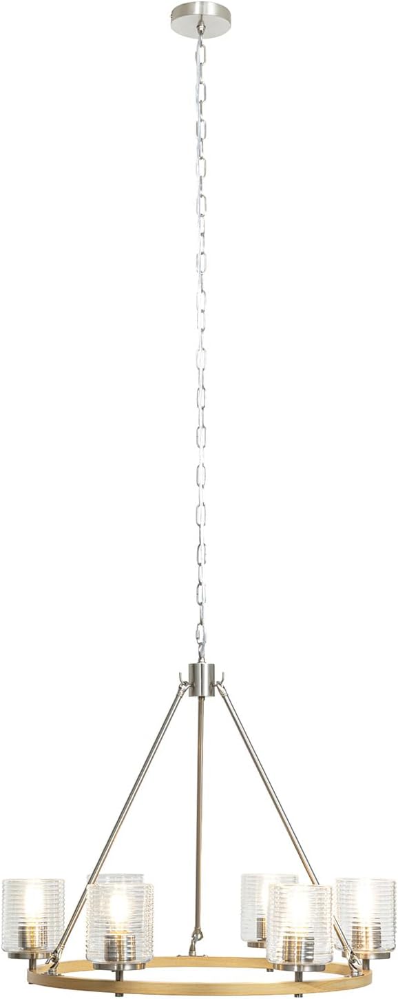 28.5" Wagon Wheel Chandelier, 6-Light Kitchen Chandelier with Wood Finish & Brushed Nickel, Modern Farmhouse Hanging Light Fixture for Dining Room, E26 Base, Bulb Not Included
