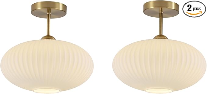 BOKT Vintage Gold Ceiling Lights Set of Two 9.8" Milk White Glass Semi Flush Mount Light Hallway Close to Ceiling Lights 2 Pack Mid Century Modern Ceiling Pendant Lights for Living Room Bedroom