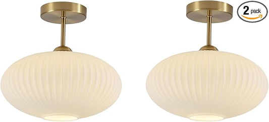BOKT Vintage Gold Ceiling Lights Set of Two 9.8" Milk White Glass Semi Flush Mount Light Hallway Close to Ceiling Lights 2 Pack Mid Century Modern Ceiling Pendant Lights for Living Room Bedroom