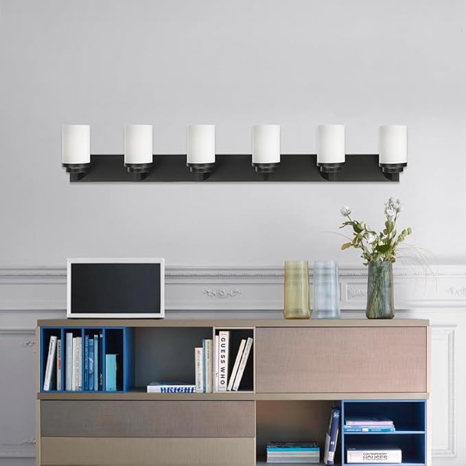 TODOLUZ Matte Black Bathroom Light Fixtures, 6-Lights Vanity Lighting Over Mirror with Opal White Glass Shades, Farmhouse Wall Lamp E26 Bulb Base
