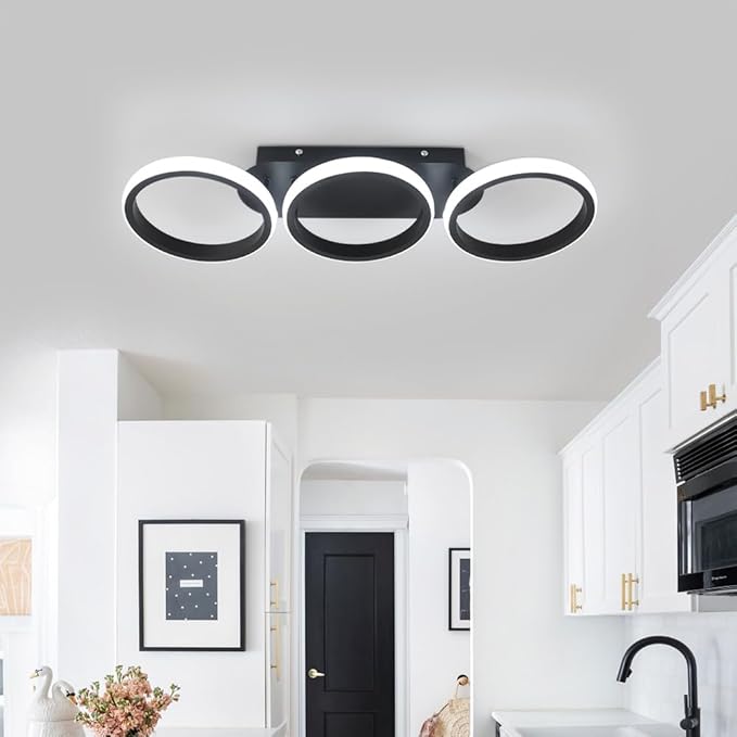 Modern LED Ceiling Light, 3-Round Rings Flush Mount, 30W 6000K Cool White, Bedroom Living Room Kitchen Office Lighting