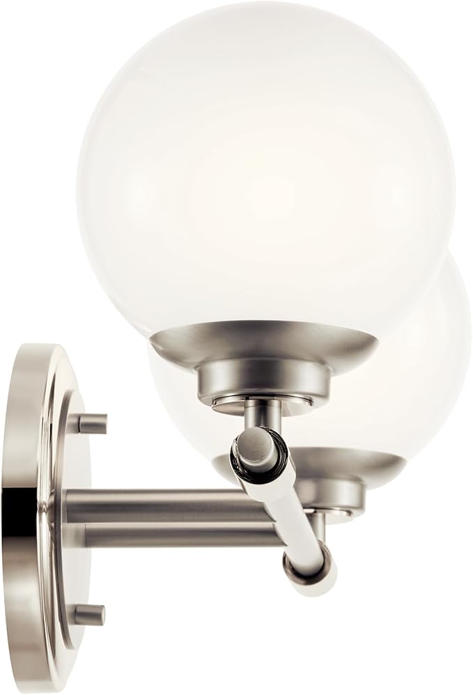 Kichler Benno 2-Light Bathroom Vanity Light Fixture with Opal Glass, Modern Brushed and Polished Nickel Finish for Powder Room or Restroom (8.75" x 14.75"), 55171PN