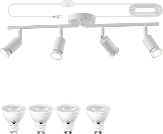 Dimmable 4 Light White Plug in Track Light White Plug in Ceiling Lighting Fixture with 16.4' Long Cord,4 Way Ceiling Spotlight,Rotatable Wall Mount Light Head,LED dimmable Spot Bulbs Included