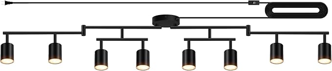 Plug in Track Lighting LED, Track Lighting Fixtures Ceiling, Black 8-Light Kitchen Light Kit, Plug in Wall Light with 14.8ft Power Cord, Rotatable Ceiling Spotlight for Bedroom(GU10 Socket, NO Bulb)