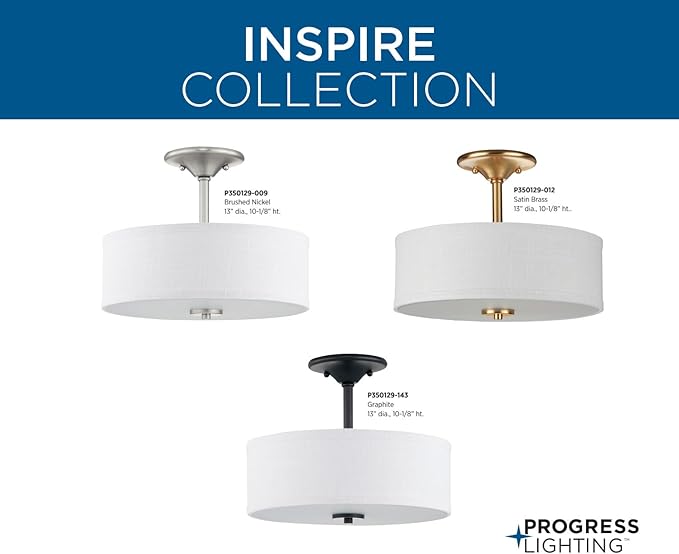 Progress Lighting Inspire Collection 2-Light Ceiling Light, Semi Flush Mount Ceiling Light Fixture with Summer Linen Light Shade for Interior Kitchen Lights, Hallway, 13" by 10-1/8", Brushed Nickel
