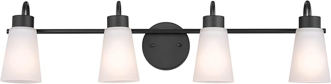 Kichler Erma 4-Light Bathroom Vanity Light Fixture with Satin Etched Glass Shades, Updated Traditional Wall Mount Lighting in Black for Mirror Above Vanity (32.5" x 8.5"), 55127BK
