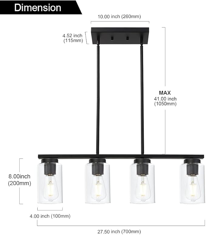 TODOLUZ Black Pendant Light Fixtures with Clear Glass Shades, 4-Lights Linar Kitchen Island Light for Farmhouse Dining Room Kitchen Pool Table